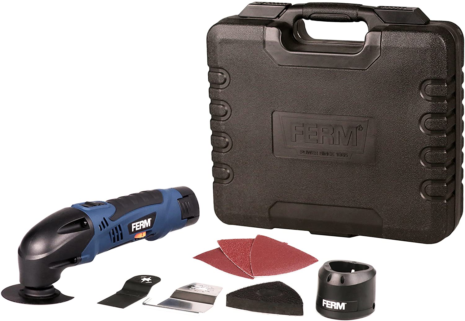 FERM Utensile Multifunzione A Batteria Ioni Di Litio 12V - 1.5Ah. Include 8 Accessori E Custodia. Velocità Variabile 12 FERM OTM1006 Utensile Multifunzione a Batteria 12V - 1.5Ah