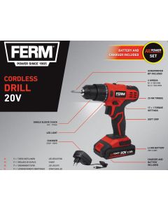 FERM CDM1177 Cordless Drill 20V with 2.0Ah Battery, Charger and bit
