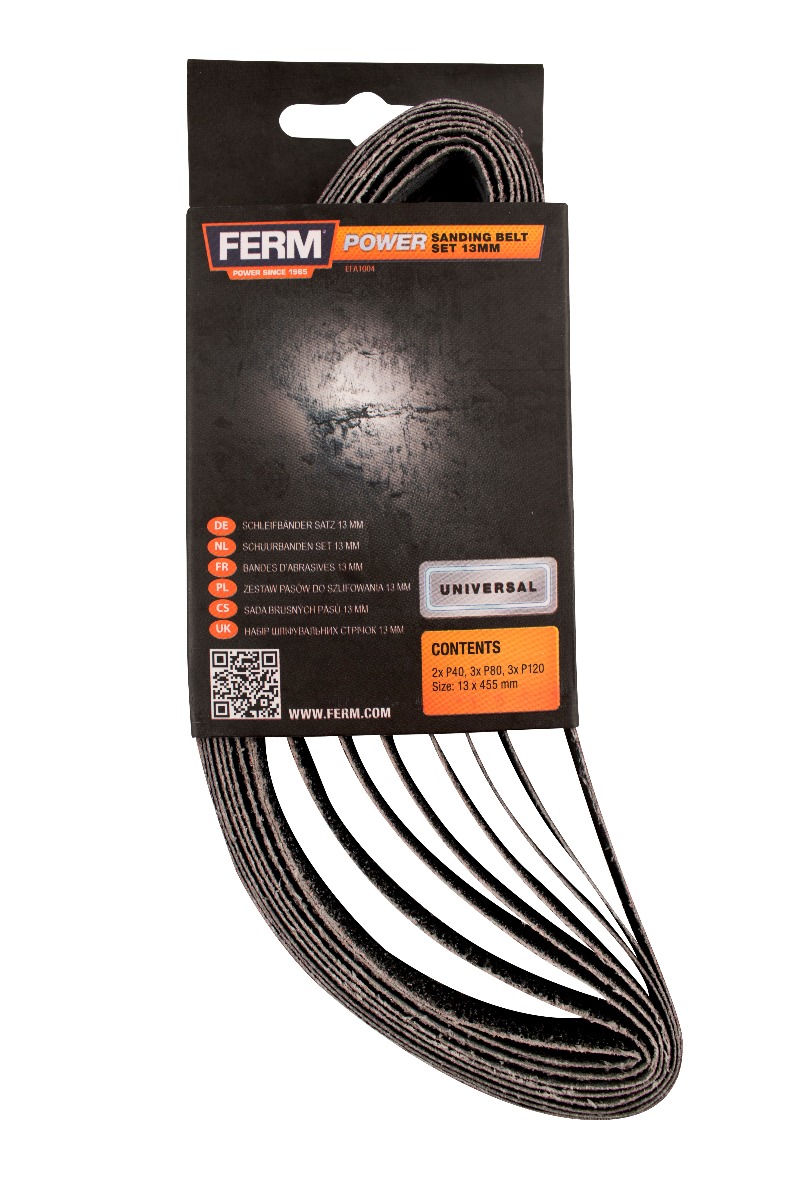 FERM EFA1004 Nastri abrasivi 13mm (8 pezzi) 2xG40, 3xG80, 3xG120 - per lima a nastro di precisione EFM1001