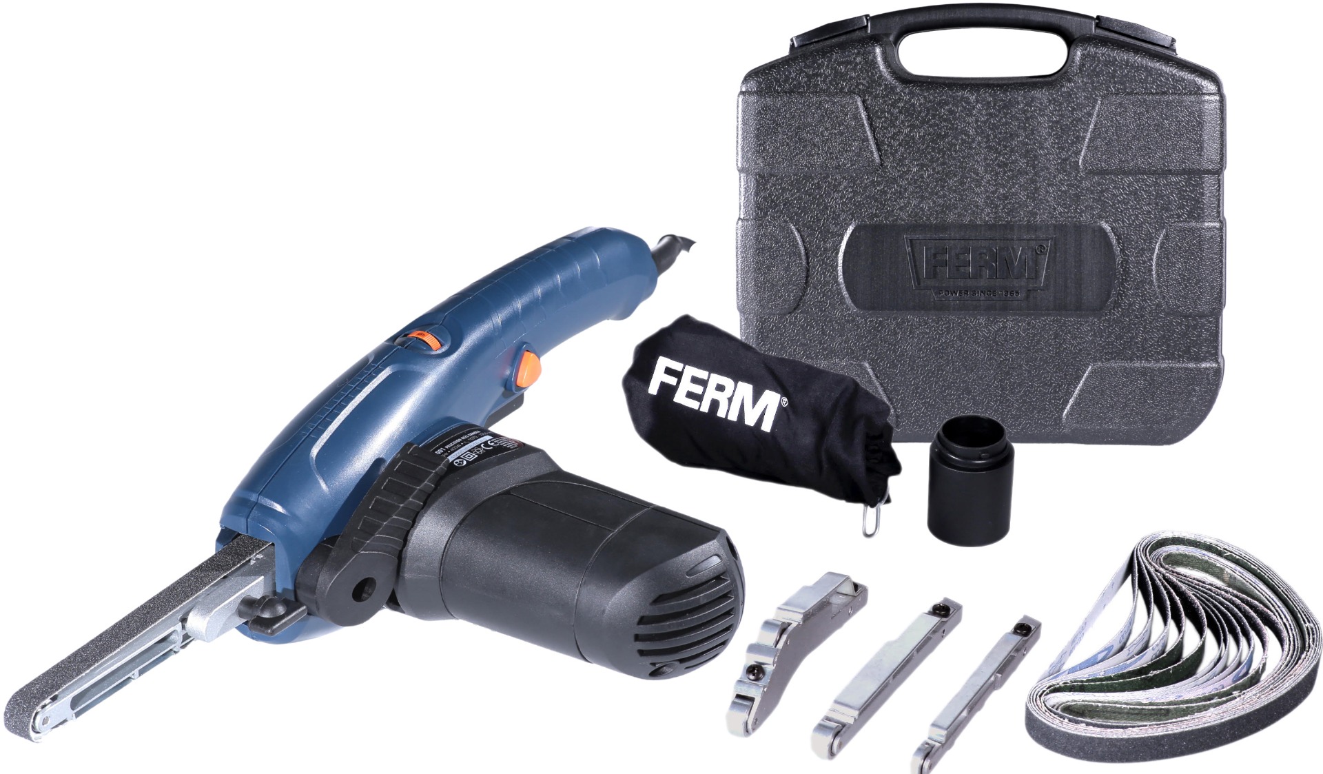 FERM Lima A Nastro Di Precisione 400W Incl. Braccio Largo 13mm, Braccio Stretto 8mm, Braccio Angolato 13mm E 12 Nastri Abrasivi 10 FERM EFM1001 Lima a nastro di precisione 400W